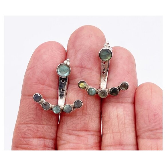 Sterling Silver Labradorite Ear Jacket Earrings Multi Stone Boho Artisan OOAK - Picture 1 of 6
